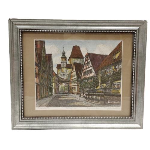 PENCIL SIGNED ROTHENBURG SCENE COLORED ETCHING