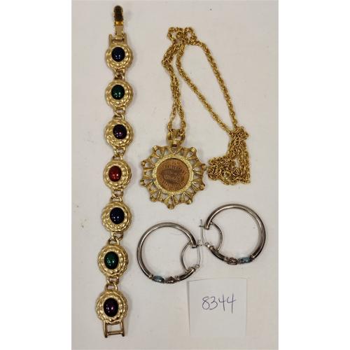 COIN NECKLACE, LIZ CLAIBORNE BRACELET, HOOP EARRINGS