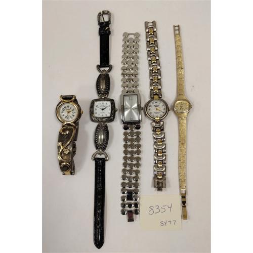FIVE LADIES GOLD AND SILVER TONE WATCHES