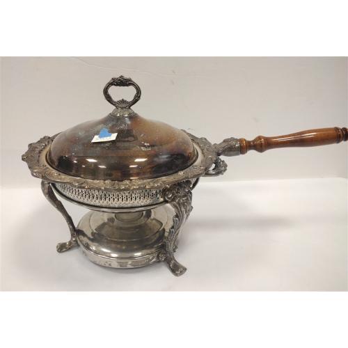 ORNATE SILVER PLATED CHAFING DISH WITH WOOD HANDLE