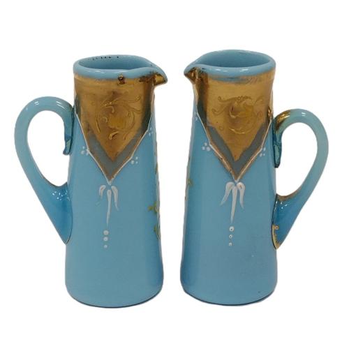 PAIR OF BLUE OPALINE FRENCH GLASS MINI PITCHERS