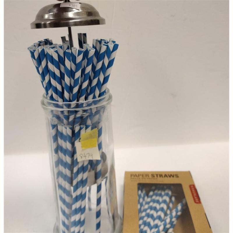 REPRODUCTION GLASS STRAW JAR AND BOX OF PAPER STRAWS