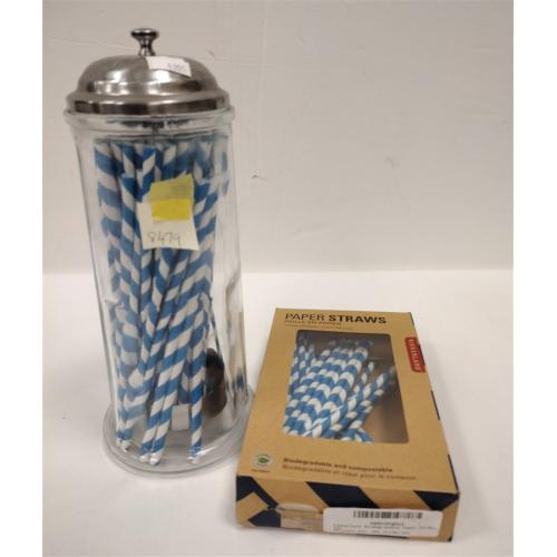 REPRODUCTION GLASS STRAW JAR AND BOX OF PAPER STRAWS