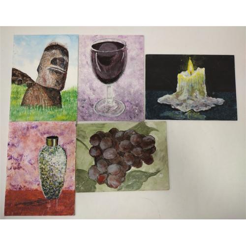 FIVE CONSTANCE WILLIAMS ACRYLIC STILL LIFE PAINTINGS