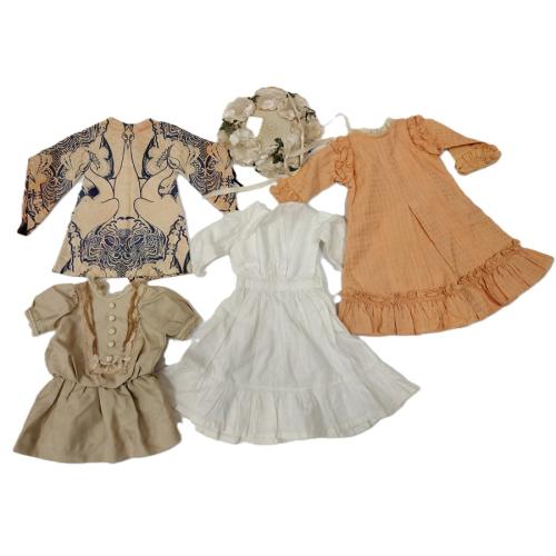 FOUR HAND AND MACHINED MADE DOLL DRESSES AND ONE HAT