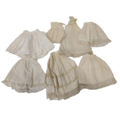 FOUR HAND AND MACHINED MADE DOLL HALF SLIPS, ONE FULL SLIP, ONE BODICE