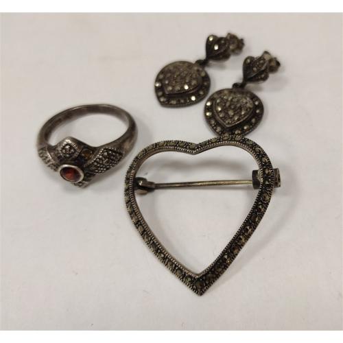 STERLING & MARCACITE JEWELRY: RING, HEART SHAPED PIN AND EARRINGS