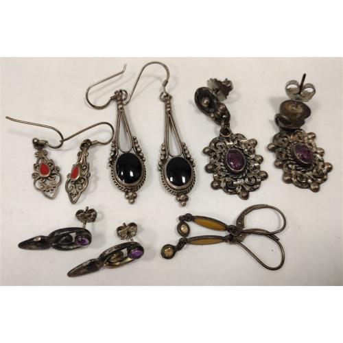 FIVE PAIRS OF VINTAGE STERLING EARRINGS - ALL WITH STONES