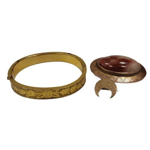 ANTIQUE JEWELRY BRACELET, CRESENT PIN, AND AGATE PIN