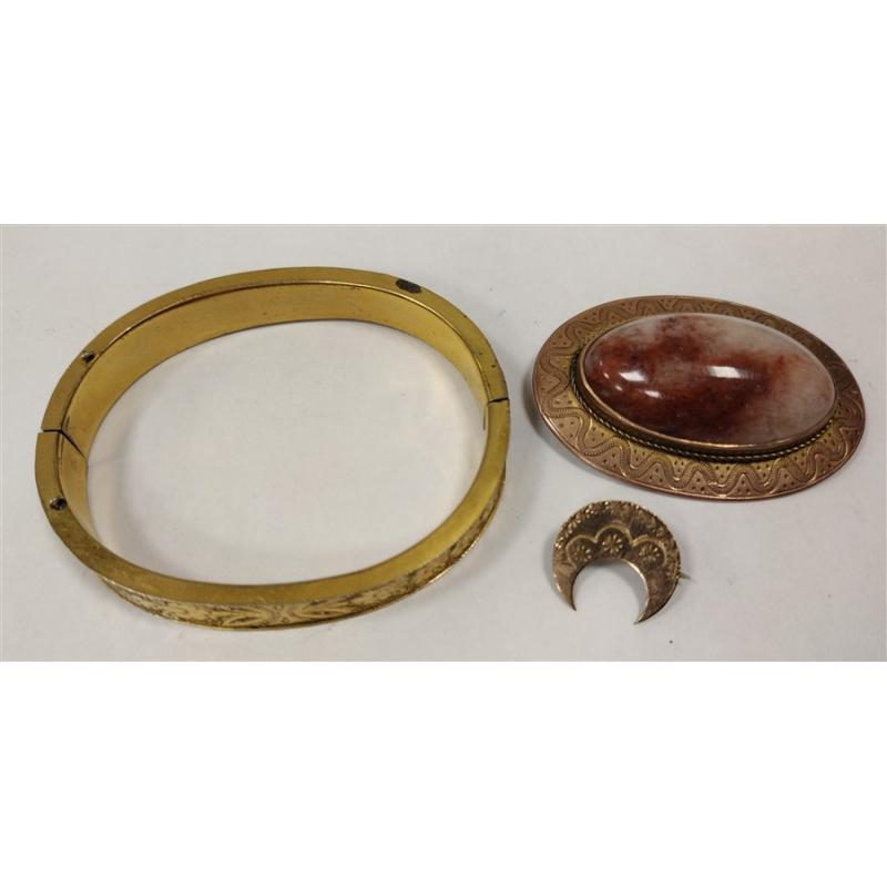 ANTIQUE JEWELRY BRACELET, CRESENT PIN, AND AGATE PIN