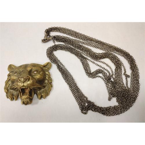UNMARKED LARGE LIONS HEAD PENDANT WITH RHINESTONE EYES ON TRIFARI MULTISTRAND NECKLACE