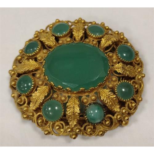 AS IS FILIGREE BROOCH WITH CABOCHONS AND LARGE CENTER FACETED STONE