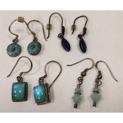FOUR PAIRS OF STERLING EARRINGS WITH VARIOUS STONES