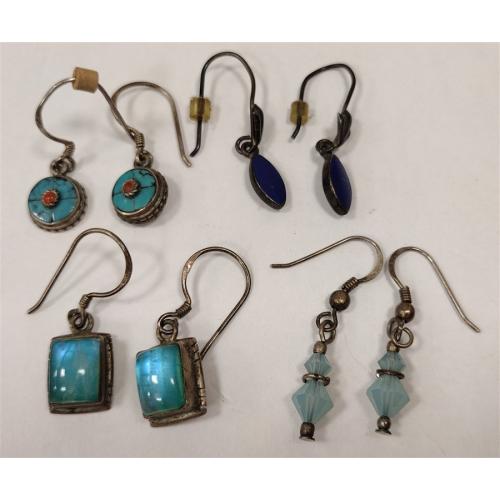 FOUR PAIRS OF STERLING EARRINGS WITH VARIOUS STONES