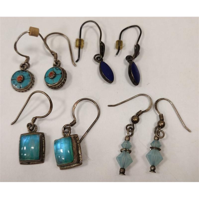 FOUR PAIRS OF STERLING EARRINGS WITH VARIOUS STONES