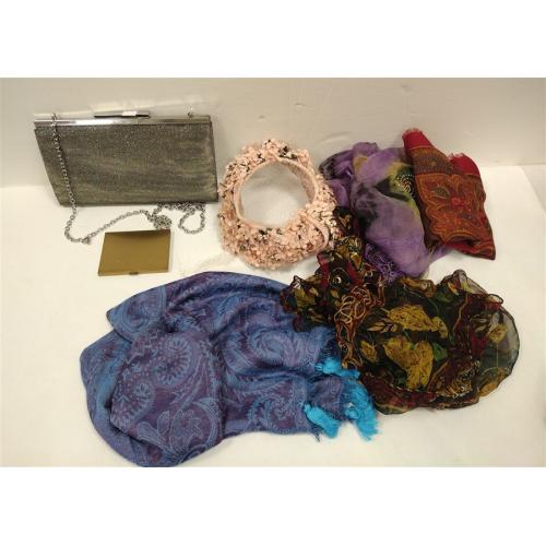 EVENING BAG, SCARVES, HAT, COMPACT