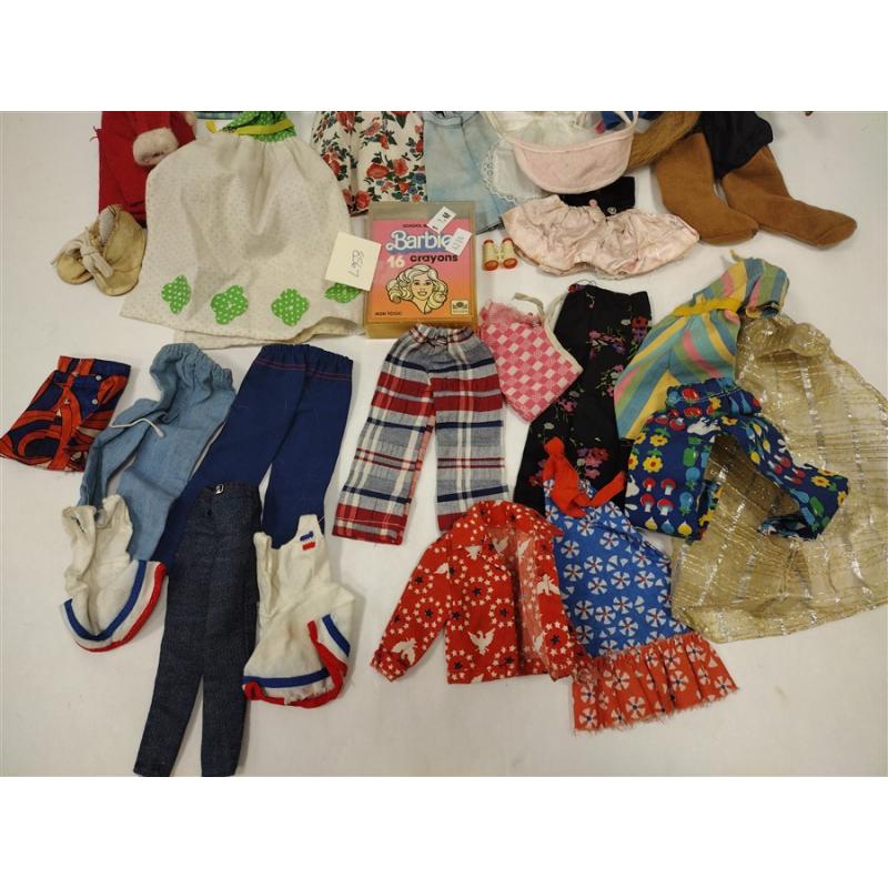 VINTAGE BARBIE DOLL OUTFITS, BARBIE CRAYON BOX, JEWELRY BOX