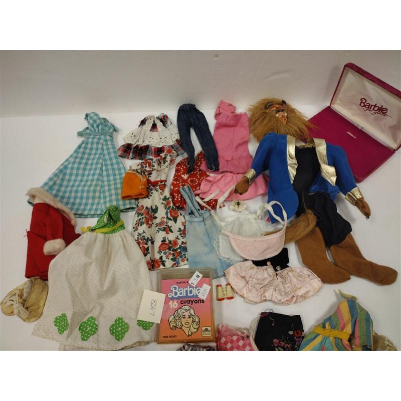 VINTAGE BARBIE DOLL OUTFITS, BARBIE CRAYON BOX, JEWELRY BOX