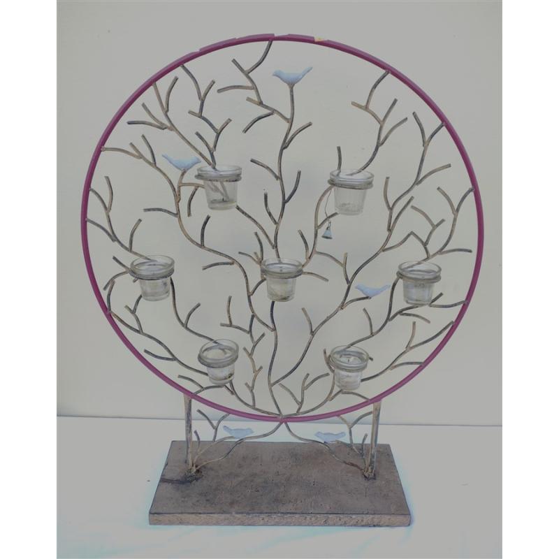 METAL CANDLE DISPLAY WITH BIRDS, GLASS INSERTS FOR CANDLES