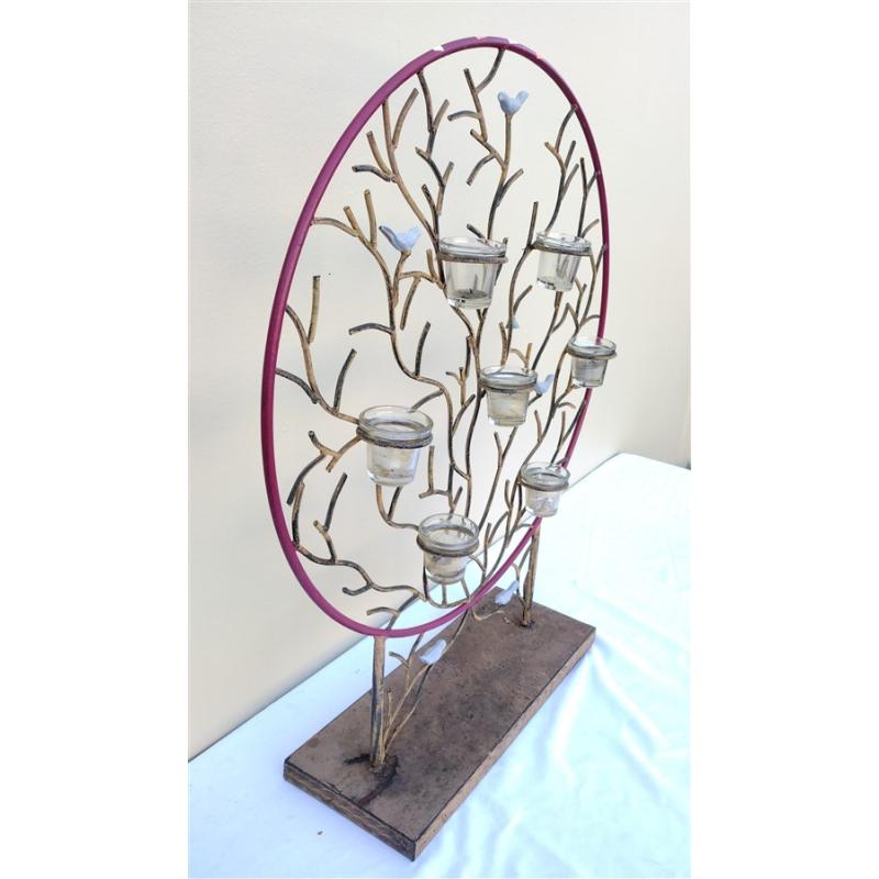 METAL CANDLE DISPLAY WITH BIRDS, GLASS INSERTS FOR CANDLES
