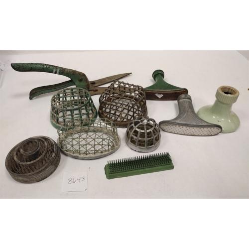 VINTAGE HAND HELD SPRINKLERS, FLOWER FROGS, AND CLIPPERS