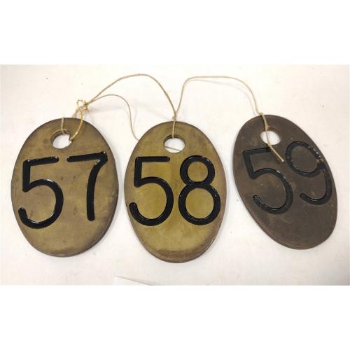 THREE BRASS DAIRY COW CATTLE TAGS 57, 58, 59