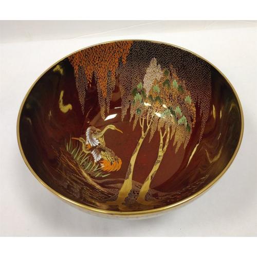 CARLTON WARE ROUGE ROYALE BOWL WITH CRANES AND WISTERIA
