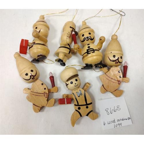 SIX WOODEN CHRISTMAS ORANAMENTS