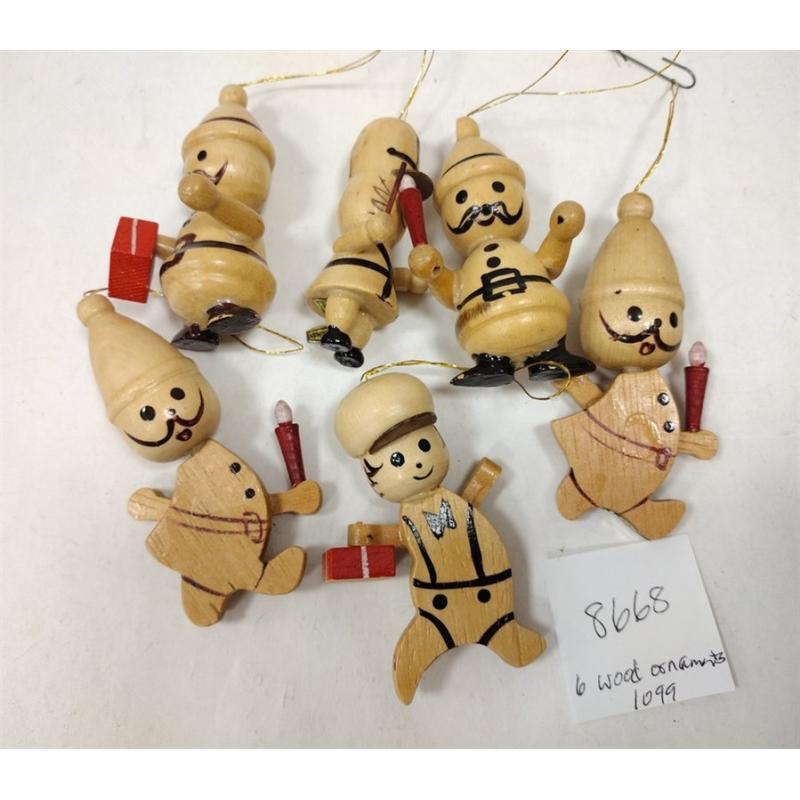 SIX WOODEN CHRISTMAS ORANAMENTS
