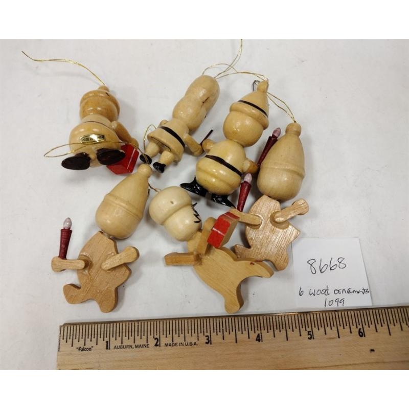 SIX WOODEN CHRISTMAS ORANAMENTS