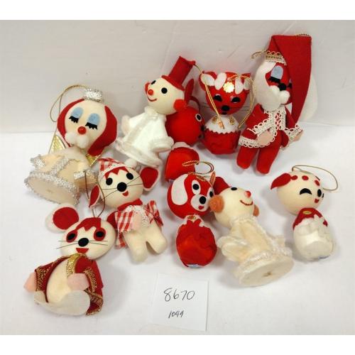 TEN VINTAGE CHRISTMAS ORNAMENTS - MICE, DOGS, AND SNOWMEN