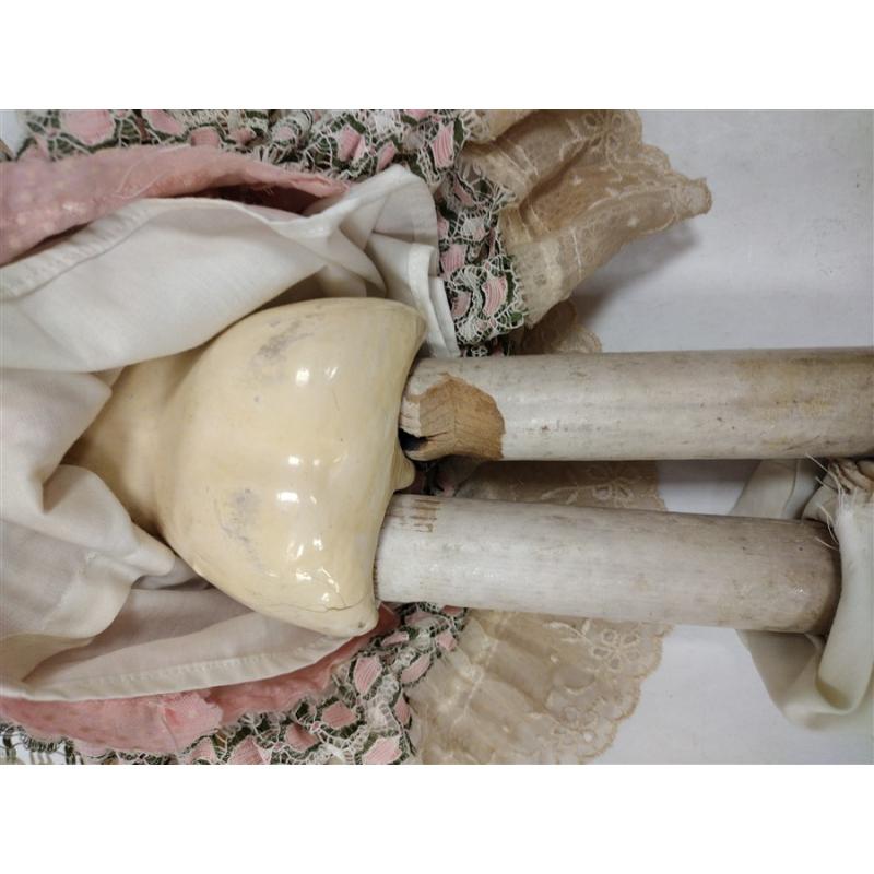 ANTIQUE GERMAN DOLL HEAD REPAIRED WITH WOOD & COMPOSTION BODY AND ARMS