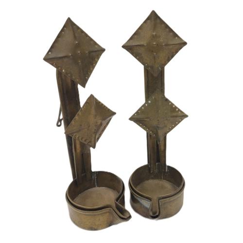 SET OF FOUR HAMMERED BRASS HANGING BETTY OIL LAMPS