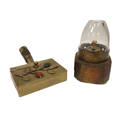 SMALL CHINESE CRUMB BUTLER WITH CABOCHONS, SMALL OPIUM LAMP