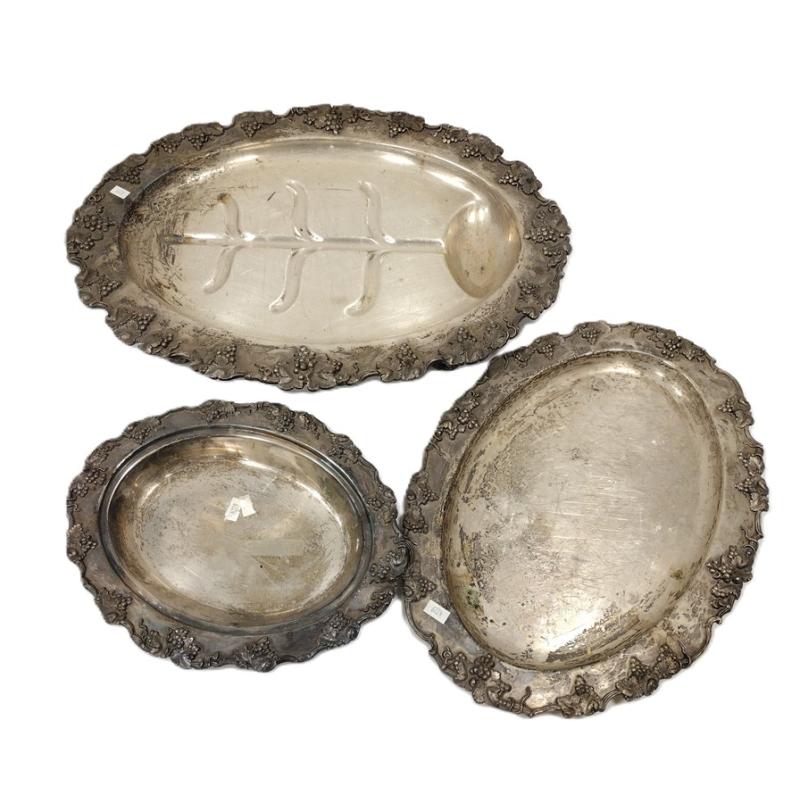 THREE BARBOUR SILVER COMPANY SILVER PLATED GRAPE MOTIF SERVERS