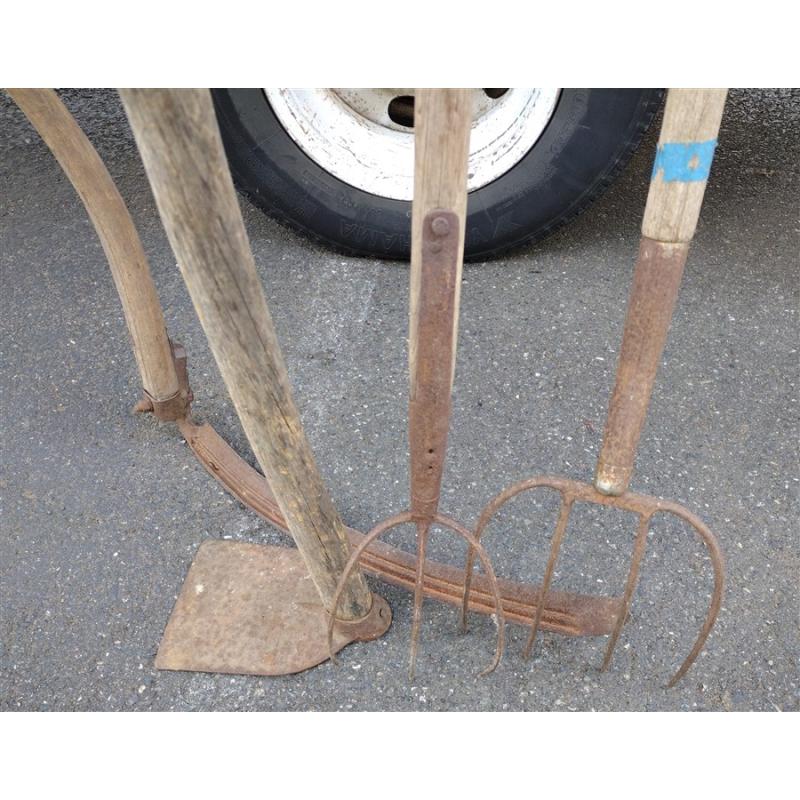 ANTIQUE YARD TOOLS INCLUDING SCYTHE
