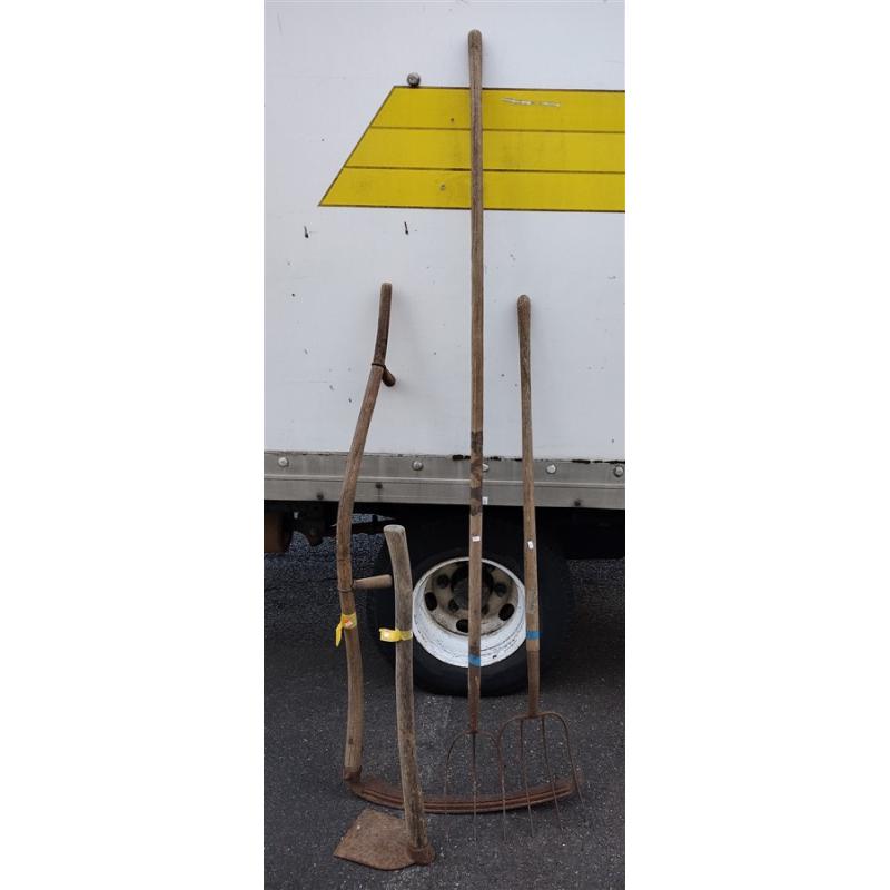 ANTIQUE YARD TOOLS INCLUDING SCYTHE