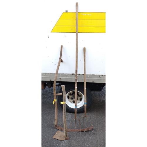 ANTIQUE YARD TOOLS INCLUDING SCYTHE