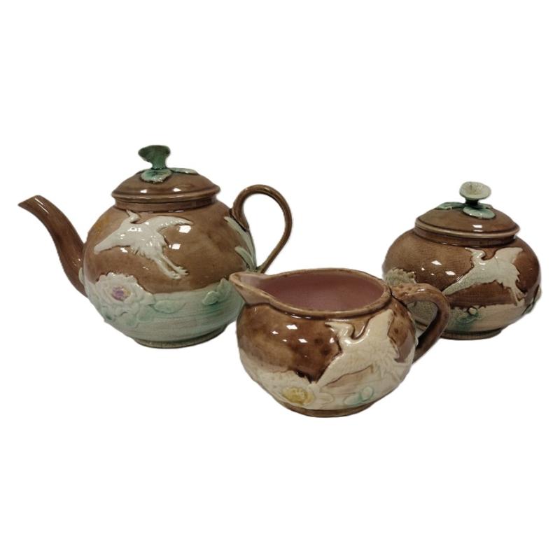 ANTIQUE MAJOLICA THREE PIECE TEA SET