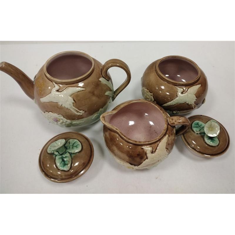 ANTIQUE MAJOLICA THREE PIECE TEA SET