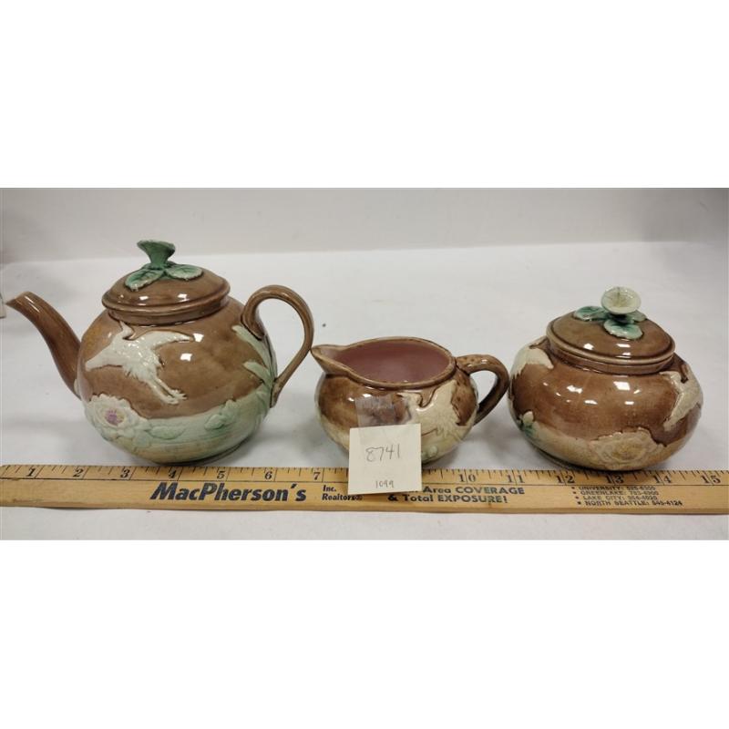 ANTIQUE MAJOLICA THREE PIECE TEA SET