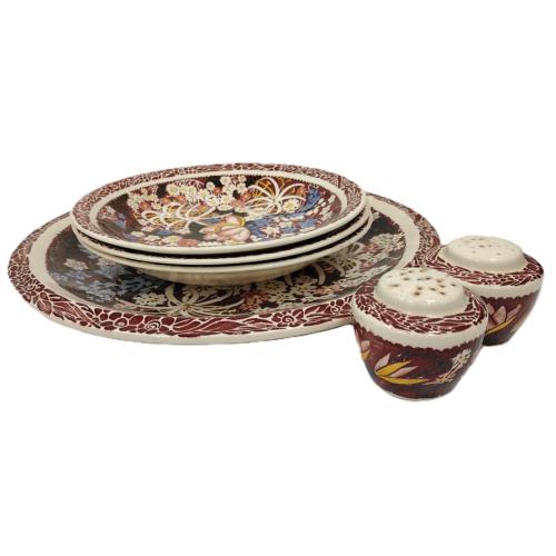 VERNON KILNS LEI LANI PATTERN LOW BOWLS, PLATTER AND SHAKERS