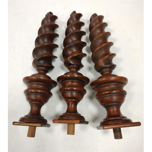THREE VINTAGE TURNED BARLEY TWIST WOOD FINIALS