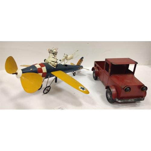 CONTEMPORARY METAL MODEL AIRPLANE WHIRLIGIG AND A TRUCK PLANTER