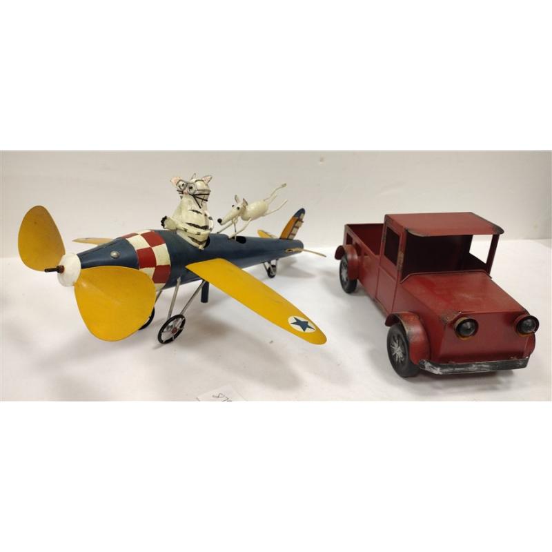 CONTEMPORARY METAL MODEL AIRPLANE WHIRLIGIG AND A TRUCK PLANTER