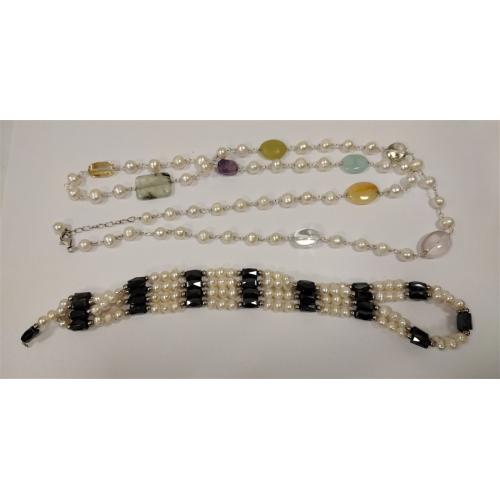 MAGNATITE AND PEARL STRAND, PEARL AND GEMSTONE NECKLACE