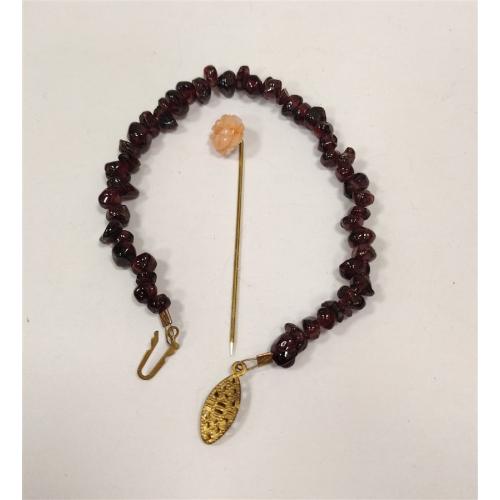 GARNET BRACELET AND STICK PIN WITH PINK CORAL