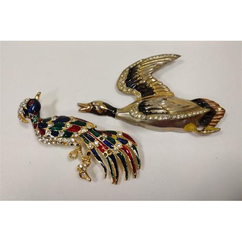 TWO VINTAGE BIRD PINS MISSING MULTIPLE RHINESTONES