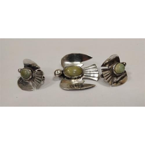 MEXICAN GREEN TURQUOISE BIRD PIN AND EARRINGS SET