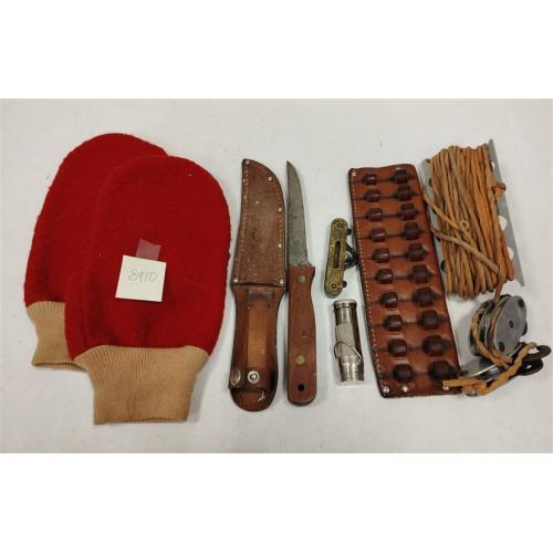 WARSAHL'S SEATTLE LEATHER BULLET HOLDER AND OTHER HUNTING ITEMS- SEE LIST